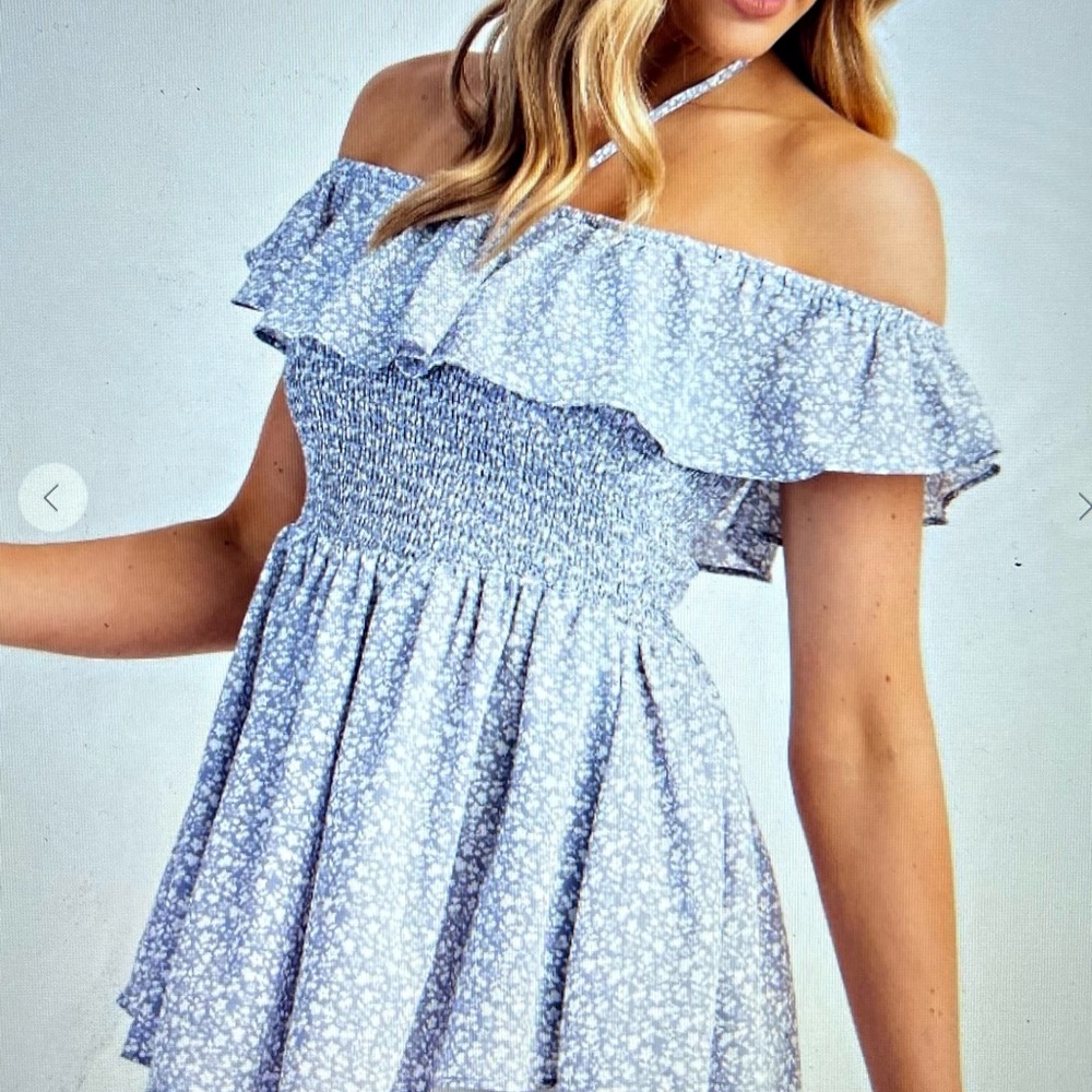 Easel Blue and White Smocked Ruffled Sleeveless Blouse - Picture 2 of 5